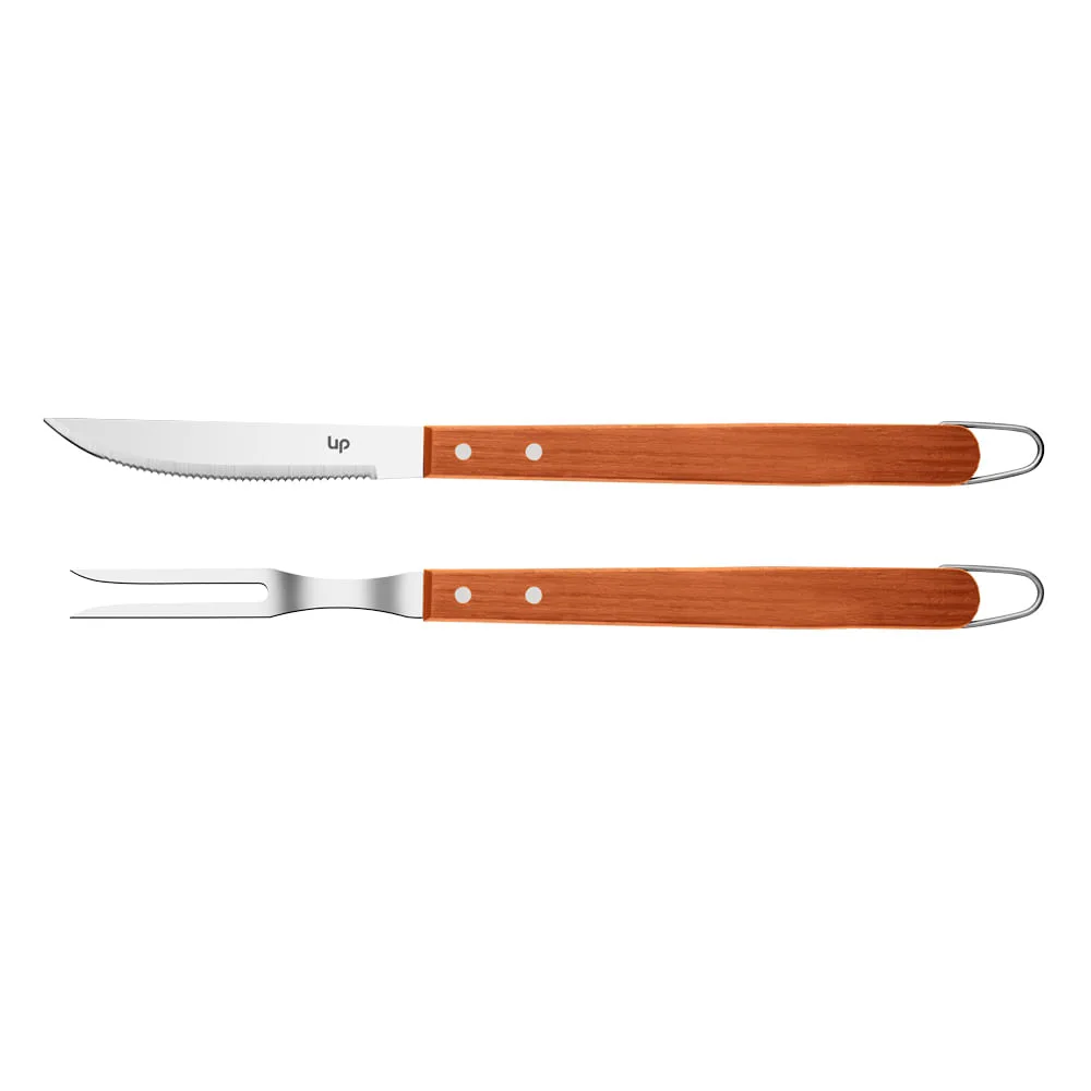 Kit Churrasco 2 Peças (garfo Trinchante/ Faca Inox) Inox Cabo de Madeira Médio UD231 - Up Home