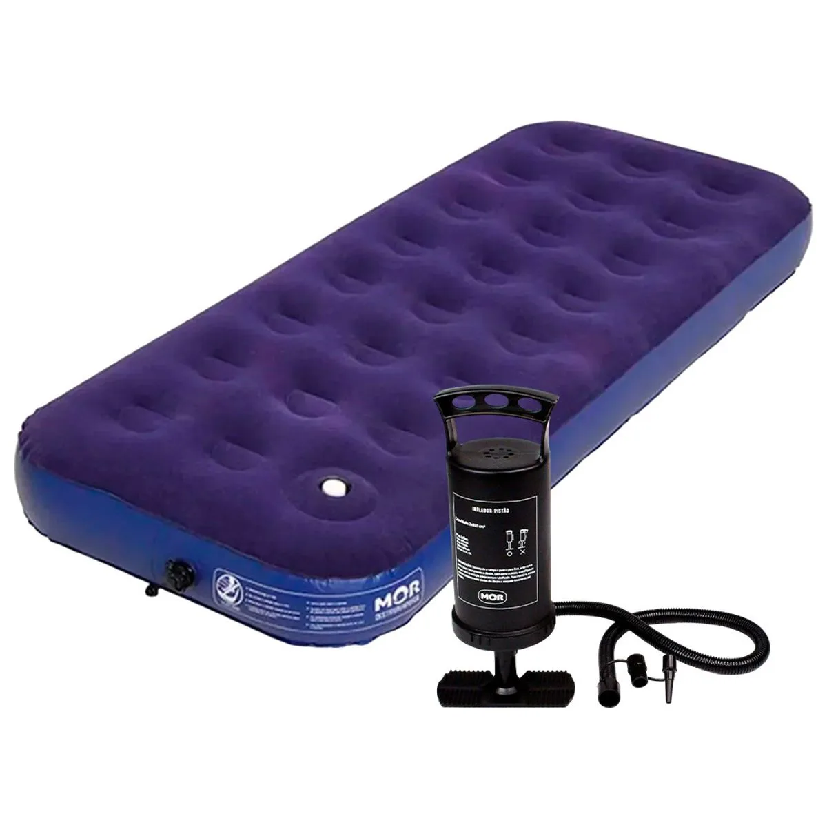 Kit Colchão Multiuso Inflável Solteiro Com Fole Preto Pvc Azul + Inflador Prático - Mor