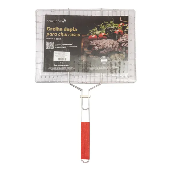 Foto 3 de Grelha Dupla Para Churrasco Ferro Cabo Madeira 40x61x1,5cm LM2627 - honeyhome