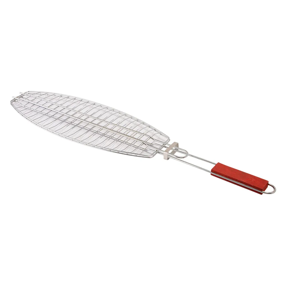 Grelha Dupla Para Peixe Ferro Cabo Madeira 67,3x15x2,3cm LM2629 - honeyhome