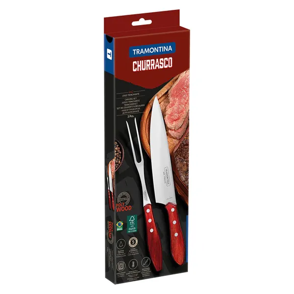 Foto 2 de Kit Para Churrasco Com Lâmina Em Aço Inox E Cabo Em Madeira Tratada Polywood Vermelho 2 Peças Ref.21198760 Tramontina