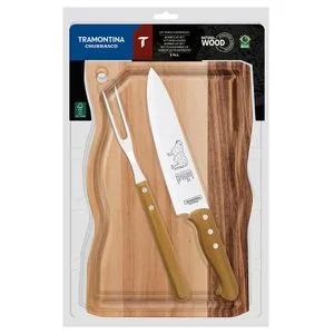 Kit Para Churrasco Tramontina Lâminas Em Aço Inox E Cabos Em Madeira Natural 3 Peças 22398001