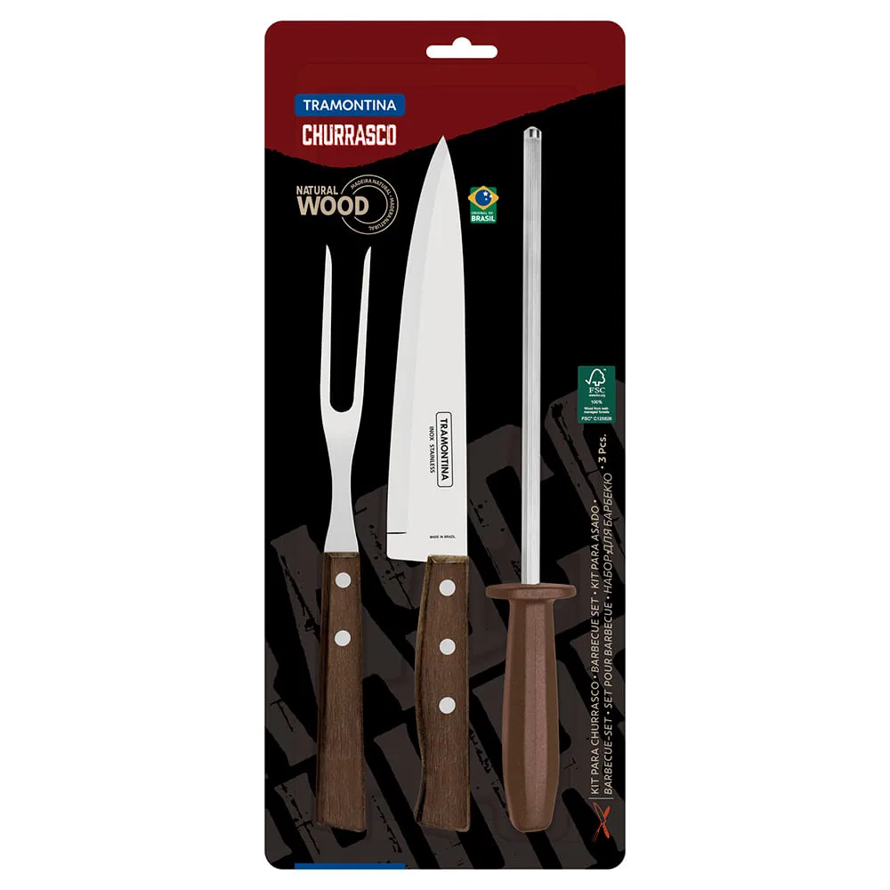 Kit de Churrasco Tramontina Lâminas em Aço Inox com Cabos de Madeira Natural 3 Peças 22299055