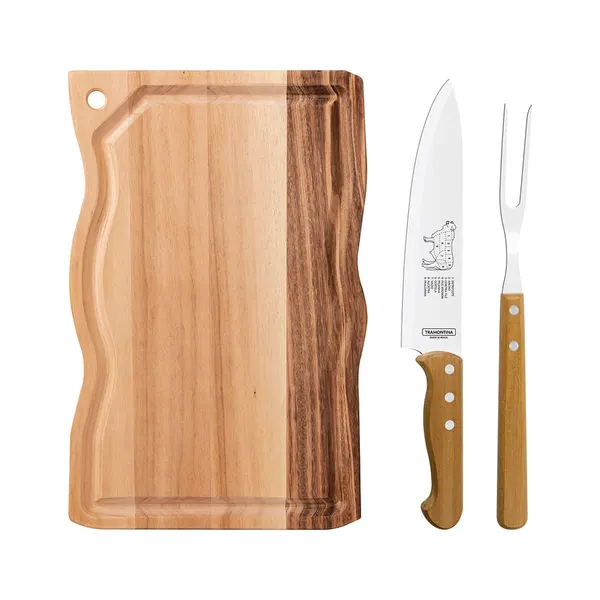 Foto 3 de Kit Para Churrasco Tramontina Lâminas Em Aço Inox E Cabos Em Madeira Natural 3 Peças 22398001