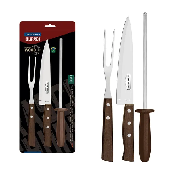 Foto 3 de Kit de Churrasco Tramontina Lâminas em Aço Inox com Cabos de Madeira Natural 3 Peças 22299055