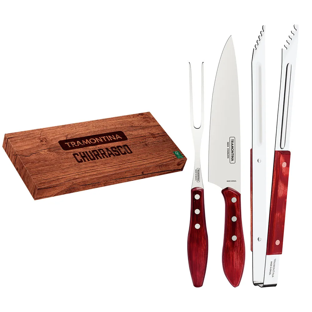 Jogo Para Churrasco Tramontina Polywood Vermelho Lâminas Em Aço Inox 03 Peças 29899264